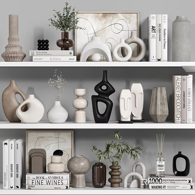 Modern Minimalist Decorative Ornament Set With Vases Sculptures Books And Plants On Shelves 3d model 