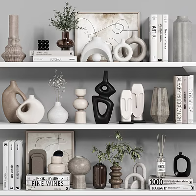 Modern Minimalist Decorative Ornament Set With Vases Sculptures Books And Plants On Shelves 3d model