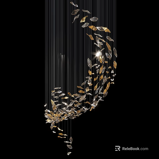 Modern Gold Silver Leaf Shaped Chandelier With Curved Design And Elegant Lighting 3d model 