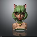 Female Character With Green Hair Cat Ears Green Eyes Tattoos And Gold Pendant