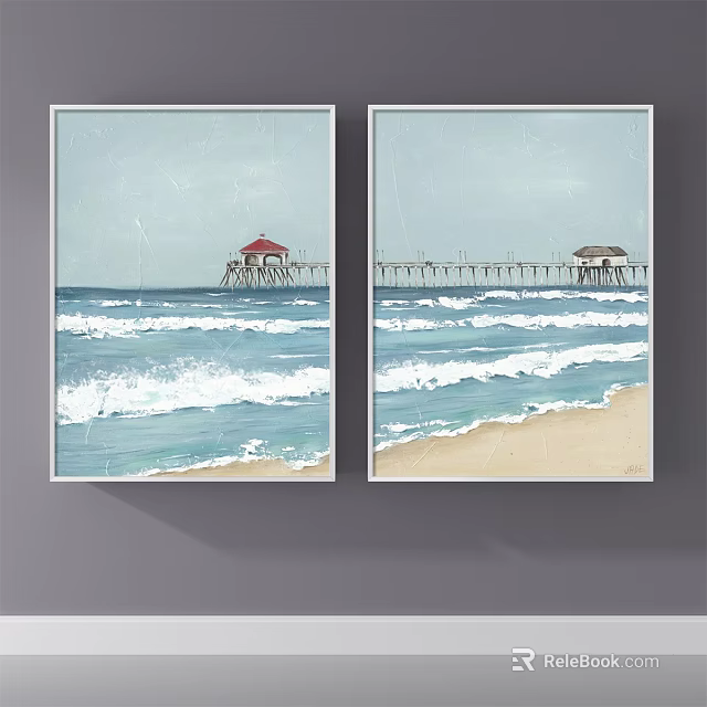 Coastal Landscape Painting With Beach Waves Pier And Red Roof Hut 3d model 