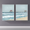 Coastal Landscape Painting With Beach Waves Pier And Red Roof Hut