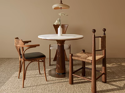Modern Dining Table With Round Marble Top Wooden Chairs Pendant Light And Flower Vase 3d model