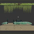 Mossy Suspended Green Platform With Hanging Vines And Mini Landscape Below Stone Pedestal