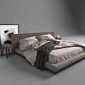 Modern Double Bed With Wooden Headboard Nightstands Gray Bedding And Wall Art