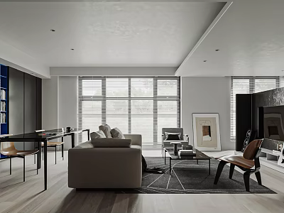 Modern Living Dining Room With Floor To Ceiling Windows Wooden Flooring And Minimalist Design 3d model