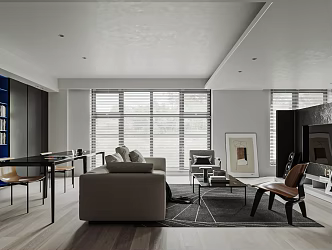 Modern minimalist restaurant black and white gray restaurant senior gray restaurant bar table open kitchen large flat horizontal hall 3d model