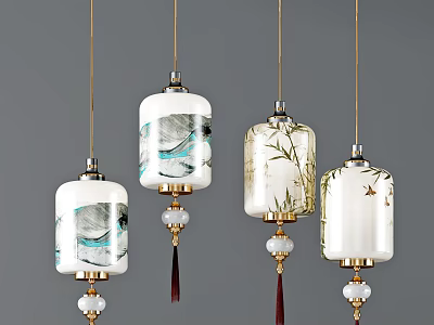 Chinese Style Pendant Lights With White Lampshades Landscape Bamboo Bird Patterns And Decorative Beads Tassels 3d model