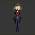 Cartoon Female Game Movie Character with Brown Short Hair Blue Bodysuit Red Gloves And Logo
