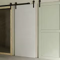 Barn Door Designs Featuring Wooden Glass Frame White And Light Green With Black Sliding Hardware