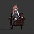 Game Anime Character With Pink Hair Twin Tails Sitting On Brown Armchair In School Uniform