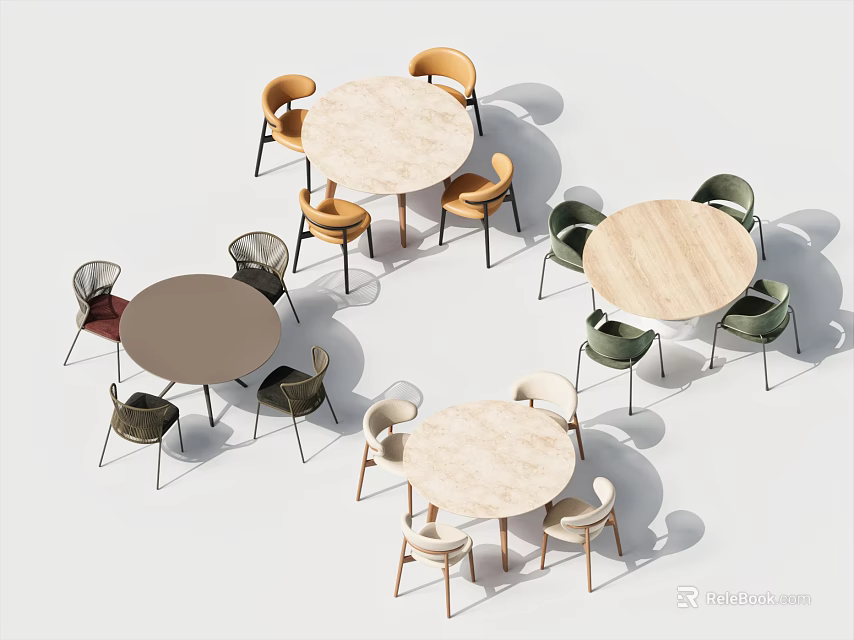 Modern Round Table And Chair Sets With Various Colored Chairs For Indoor Home Use 3d model 