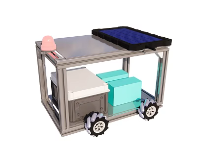 Solar Powered Mobile Cart With Pink Hat White And Blue Boxes And Wheels 3d model