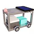 Solar Powered Mobile Cart With Pink Hat White And Blue Boxes And Wheels