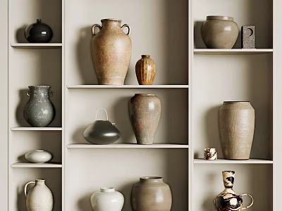 Ceramic Vessels of Various Colors and Sizes Arranged on White Shelves for Decorative 3d model