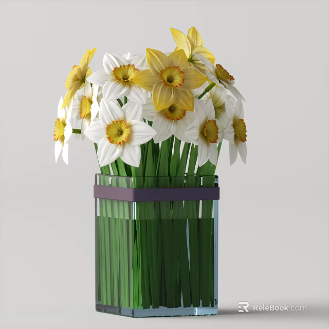 Decorative Glass Vase With Yellow And White Daisies And Green Stems 3d model 