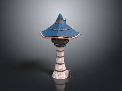Unique Blue Multi Tiered Tower With White Stone Walls And Decorative Roof Design 3d model