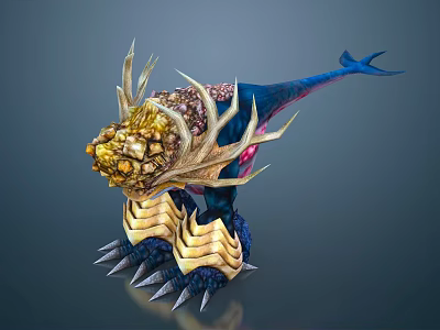 Fantasy Creature With Golden Rocky Head Spiked Tentacles Blue Body And Clawed Feet 3d model