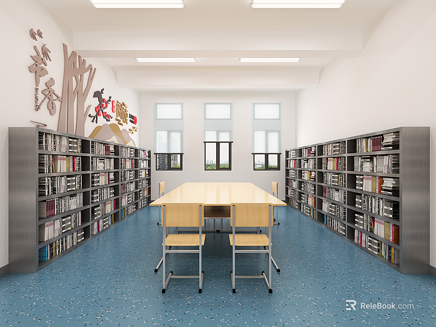 Book Art Library Space Featuring Bookshelves Long Table Windows Blue Floor And Wall Decorations 3d model 