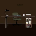 Wooden Desk and Green Office Chair with Black Lamp Books White Cup and Small Bookshelf