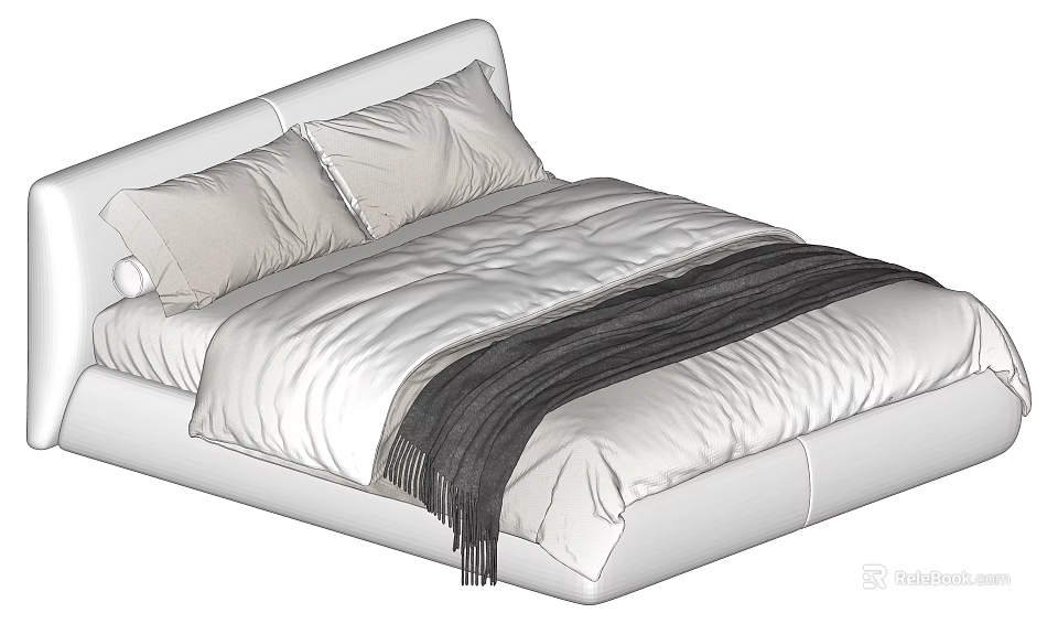 Modern White Double Bed With Soft Comforter Pillows And Throw Blanket 3d model