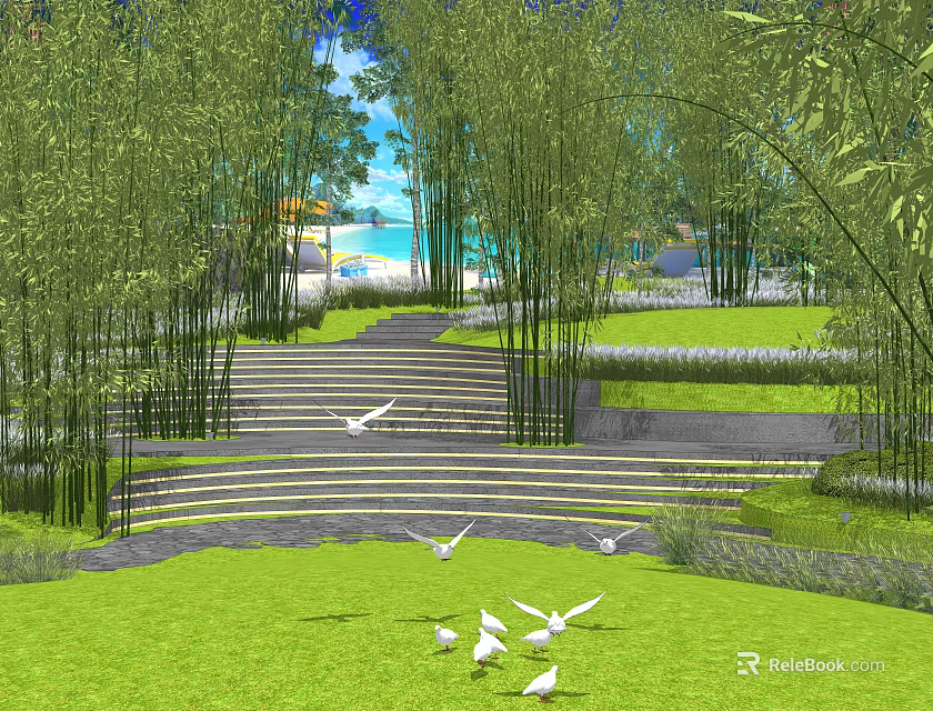 Serene Garden Landscape With Bamboo Trees Stone Steps Lawn White Doves Beach And Blue Sky 3d model 