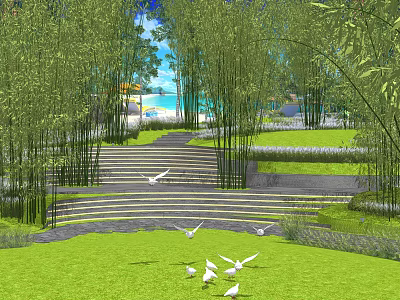 Serene Garden Landscape With Bamboo Trees Stone Steps Lawn White Doves Beach And Blue Sky 3d model