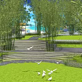 Serene Garden Landscape With Bamboo Trees Stone Steps Lawn White Doves Beach And Blue Sky