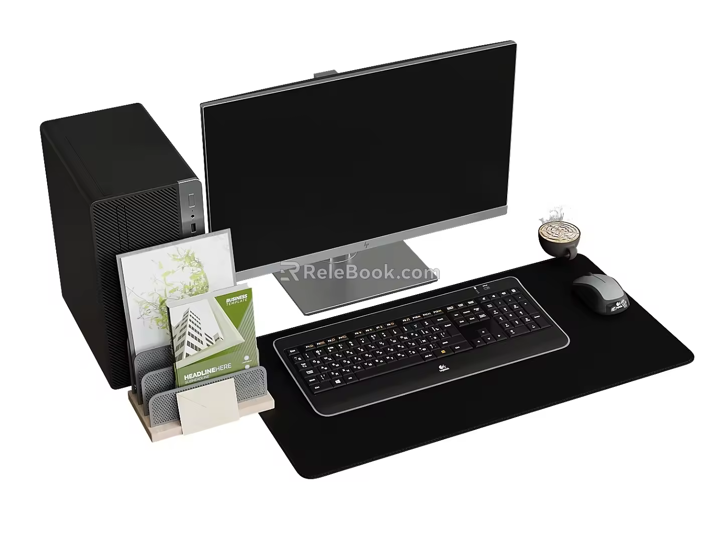 Computer combination computer keyboard books mouse office appliances mobile phone coffee 3d model
