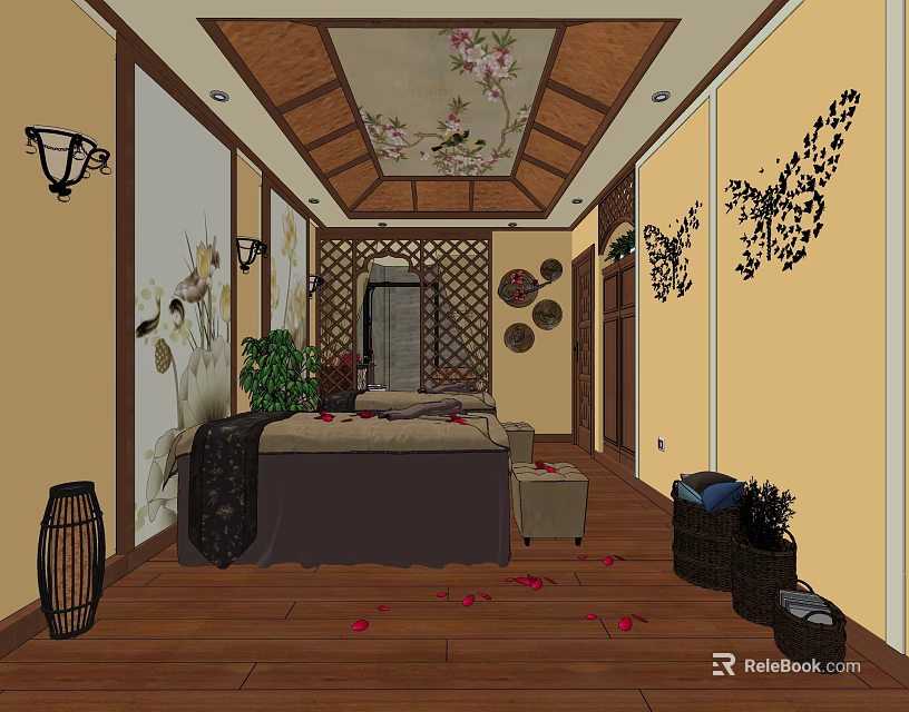 SPA Sauna Interior Design with Wooden Floral Ceiling Decorative Screen Massage Bed and Rose Petals 3d model 