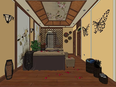 SPA Sauna Interior Design with Wooden Floral Ceiling Decorative Screen Massage Bed and Rose Petals 3d model