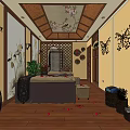 SPA Sauna Interior Design with Wooden Floral Ceiling Decorative Screen Massage Bed and Rose Petals