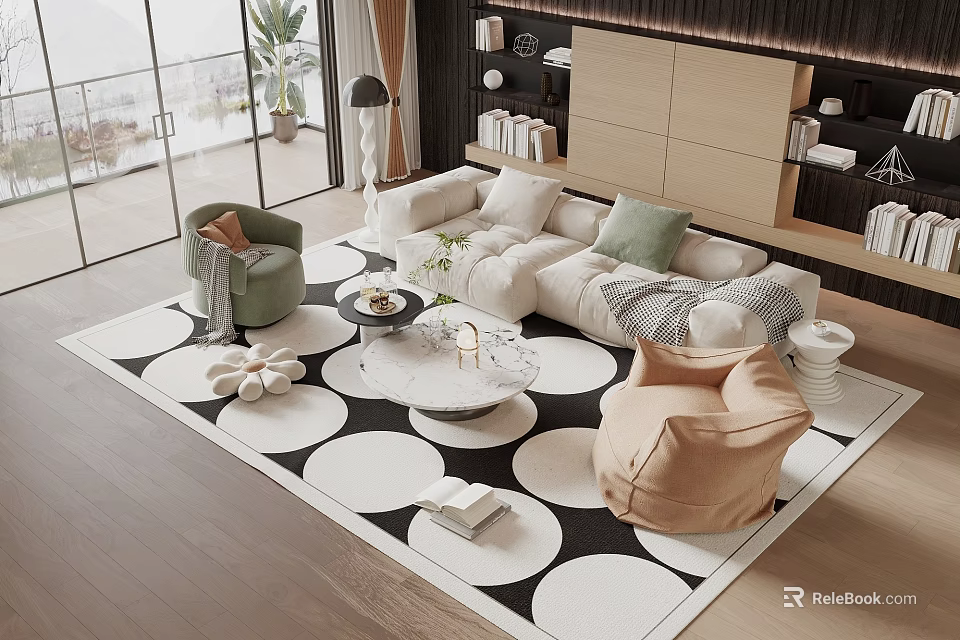 Modern White Sofa Coffee Table Set With Decorative Pillows Accent Chairs And Circular Pattern Rug 3d model