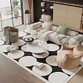 Modern White Sofa Coffee Table Set With Decorative Pillows Accent Chairs And Circular Pattern Rug 3d model