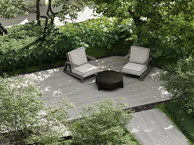 Landscape Seating with Two Chairs and Round Table on Wooden Terrace Surrounded by Greenery 3d model