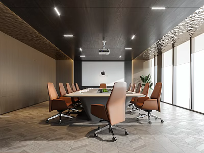 Bright Modern Conference Room Interior Featuring Long Meeting Table Brown Chairs Projector And Large Windows 3d model