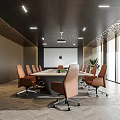 Bright Modern Conference Room Interior Featuring Long Meeting Table Brown Chairs Projector And Large Windows