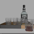 Jack Daniel's Whiskey Bottle with Etched Drinking Glasses on Gray Tray and Red Liquid