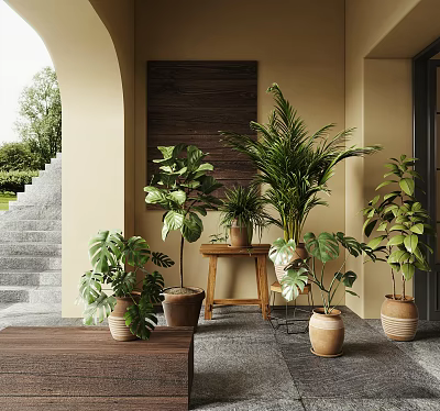 Various Potted Plants In Terracotta Pots With Green Foliage And Stone Steps Backdrop 3d model