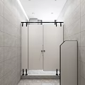Modern Public Restroom Interior With Clean Tiled Walls Washbasin Mirror And Green Plant