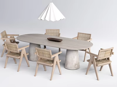 Light Wooden Oval Dining Table Set With Six Woven Chairs And White Pleated Pendant Light 3d model