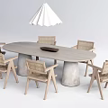 Light Wooden Oval Dining Table Set With Six Woven Chairs And White Pleated Pendant Light