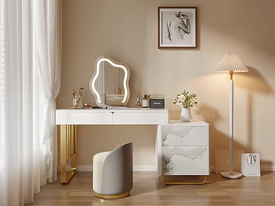 Modern Elegant Dressing Table With Gold Legs Irregular Mirror Marble Cabinet And Vase Cosmetics 3d model