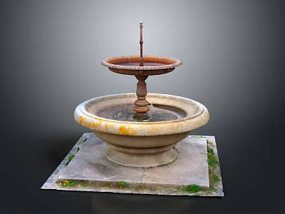 Rustic Two Tiered Stone Fountain Architectural Structure With Moss Covered Base And Square Platform 3d model