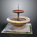Rustic Two Tiered Stone Fountain Architectural Structure With Moss Covered Base And Square Platform