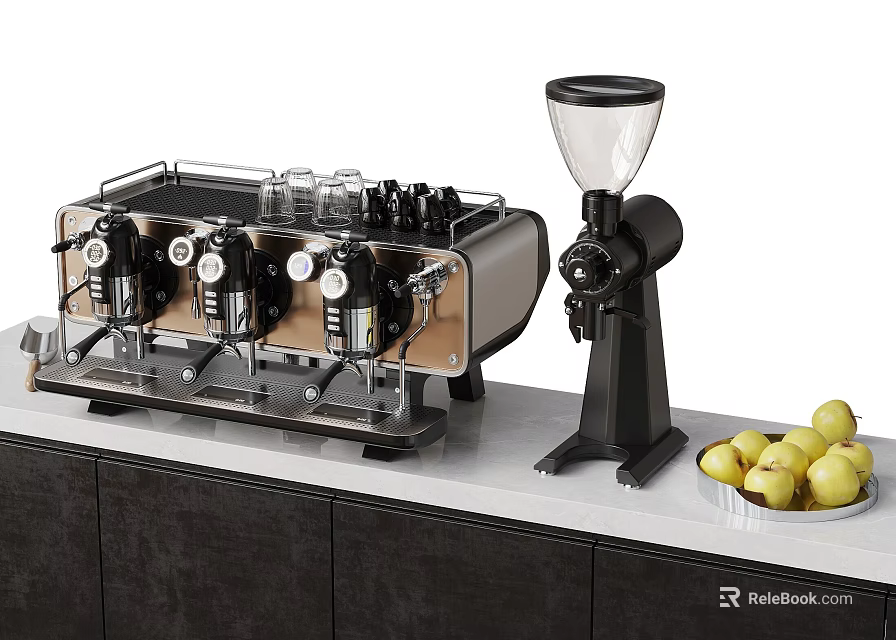 Professional Coffee Machine And Grinder On Modern Kitchen Countertop With Fresh Apples On Plate 3d model 