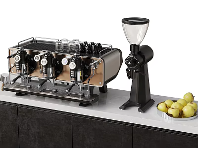 Professional Coffee Machine And Grinder On Modern Kitchen Countertop With Fresh Apples On Plate 3d model