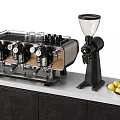 Professional Coffee Machine And Grinder On Modern Kitchen Countertop With Fresh Apples On Plate