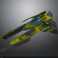 Futuristic Spaceship Model Yellow And Blue With Geometric Patterns Streamlined Wings And Detailed Structure