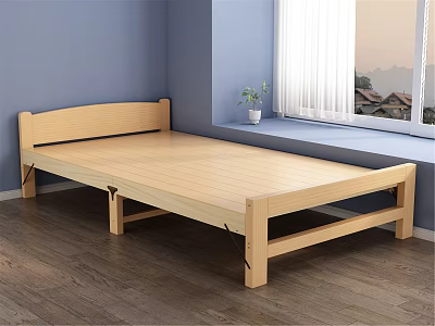 Light Wood Wooden Bed Frame In Modern Bedroom With Window And Potted Plant 3d model